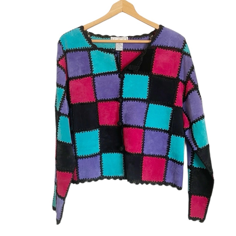 Vintage S.M.H. Suede Check Patchwork Crochet Multicolor Boxy Boho Jacket size 1X